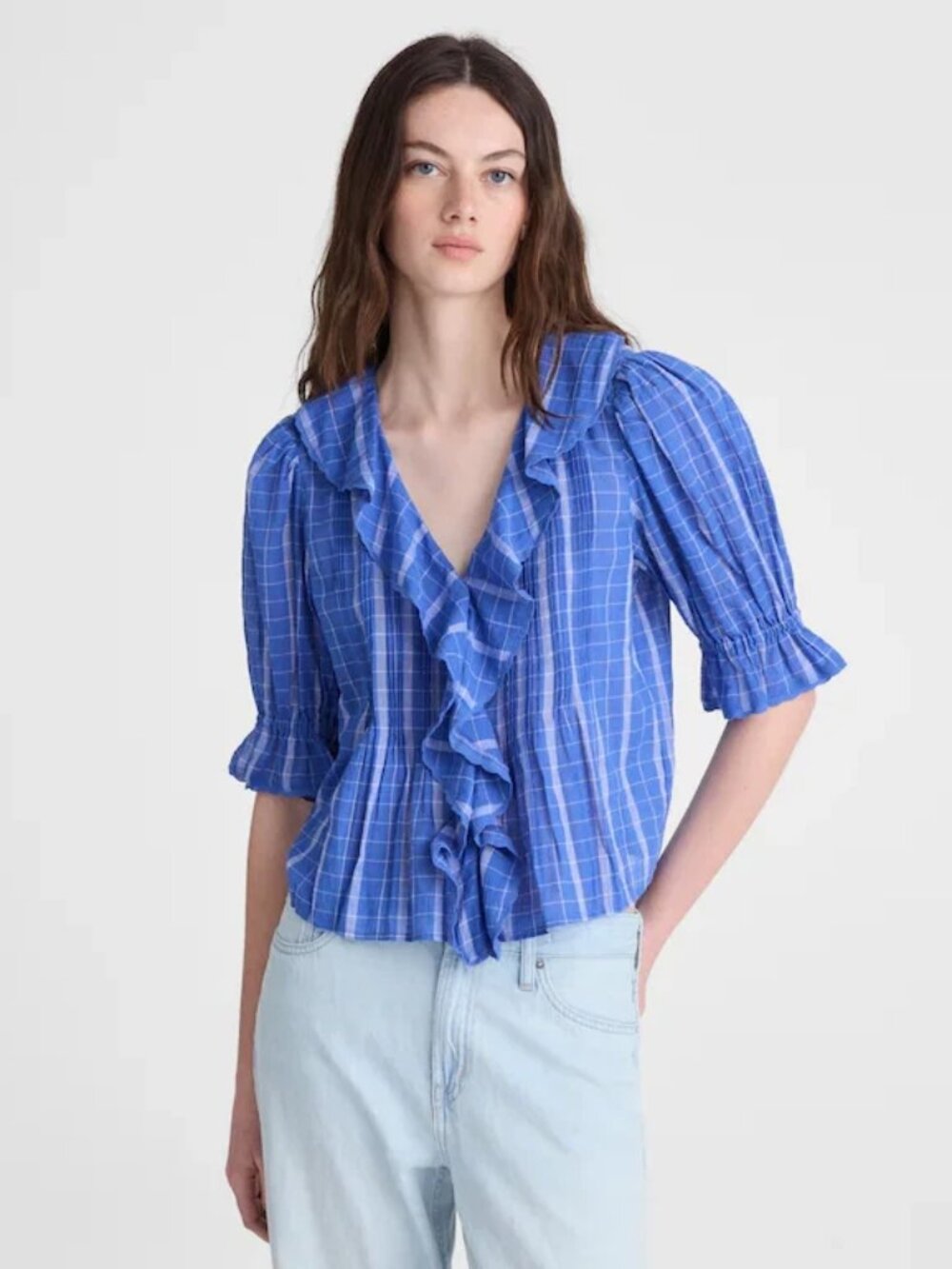 Madewell Blaire Blue V-Neck Ruffle Elbow Sleeve Button Up Top XL NWT